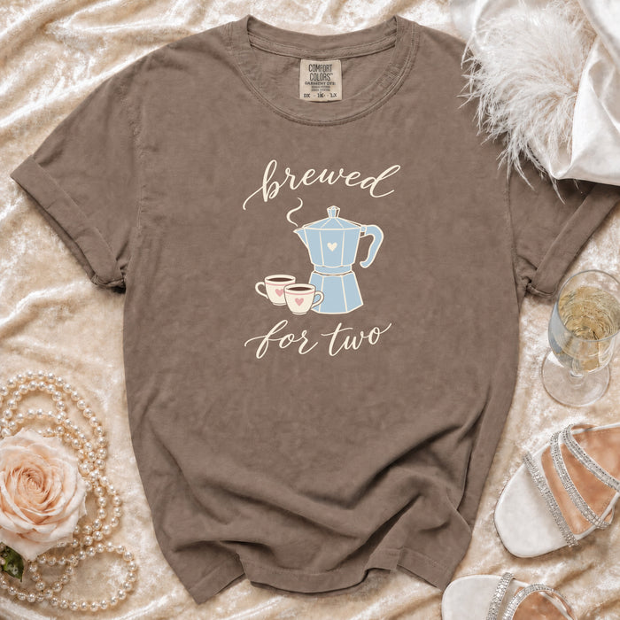 Brown t-shirt with "brewed for two" text, coffee pot and cups graphic.