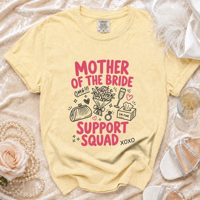 Yellow t-shirt with "MOTHER OF THE BRIDE SUPPORT SQUAD" graphic and wedding icons.