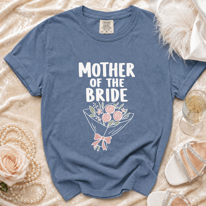 Blue t-shirt with "MOTHER OF THE BRIDE" and floral bouquet graphic.