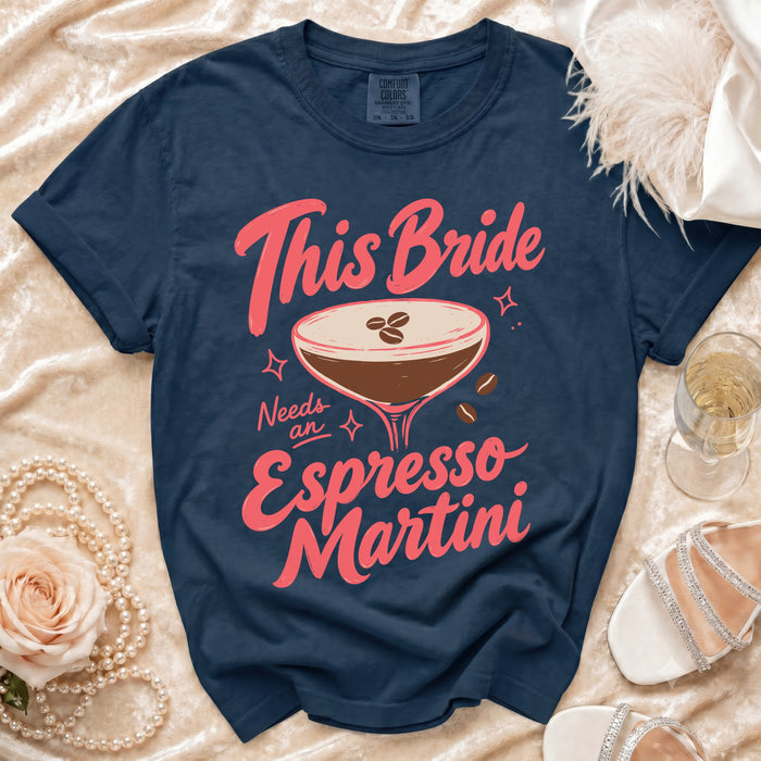 Navy t-shirt with "This Bride Needs an Espresso Martini" graphic.