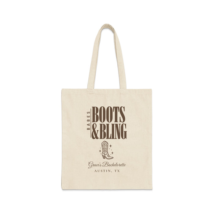 Off-white canvas tote bag featuring brown text reading Boots & Bling, a cowboy boot, and Austin, TX.