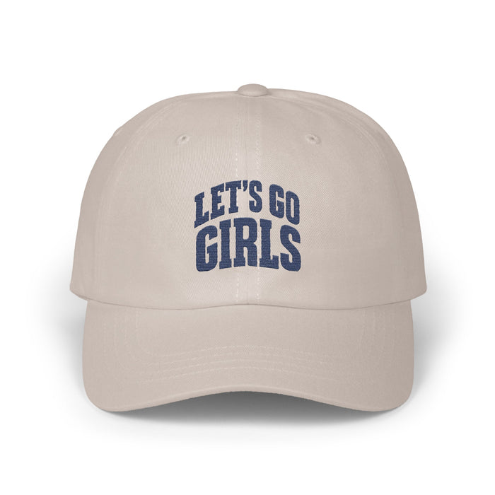 A beige baseball cap features embroidered blue text that reads LET'S GO GIRLS across the front panels.
