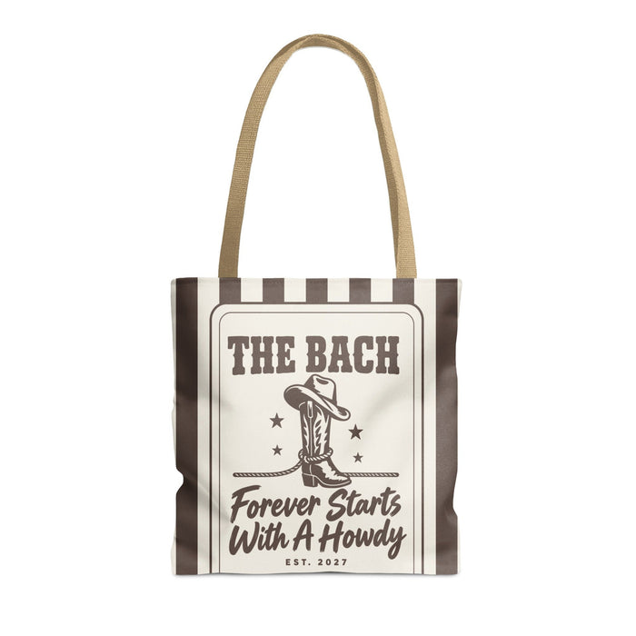 Forever Starts With A Howdy striped tote bag, Espresso