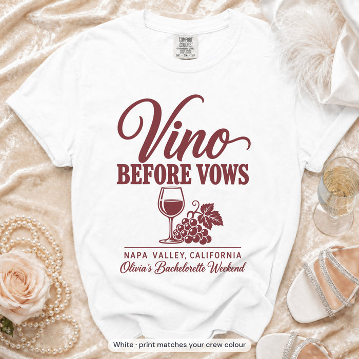 White Vino Before Vows bride t-shirt, print matches your crew colour