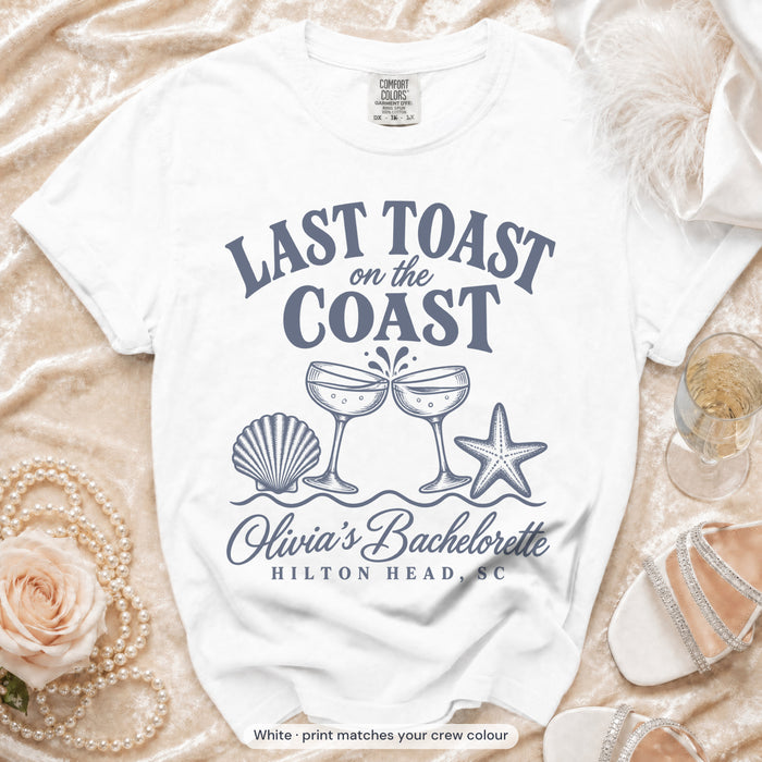 White Last Toast on the Coast bride t-shirt, print matches your crew colour