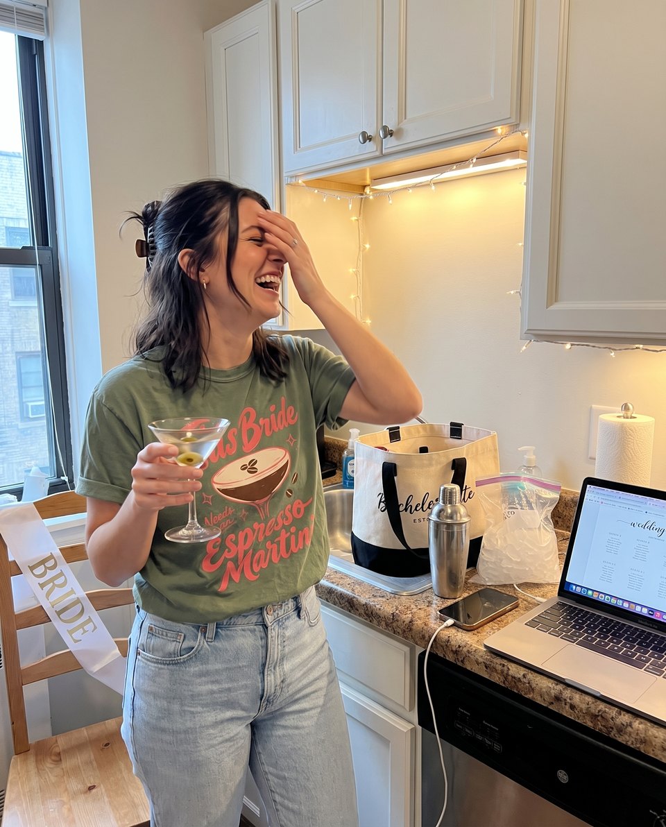 A bride-to-be at home in a Vowed tee