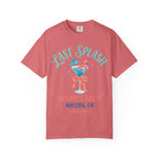 T-shirt with "Last Splash Sarah's Bach Malibu, CA Summer 2026" and flamingo cocktail graphic.