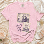 Pink t-shirt with "Spooky for you Boo" and skeleton wedding stamp.