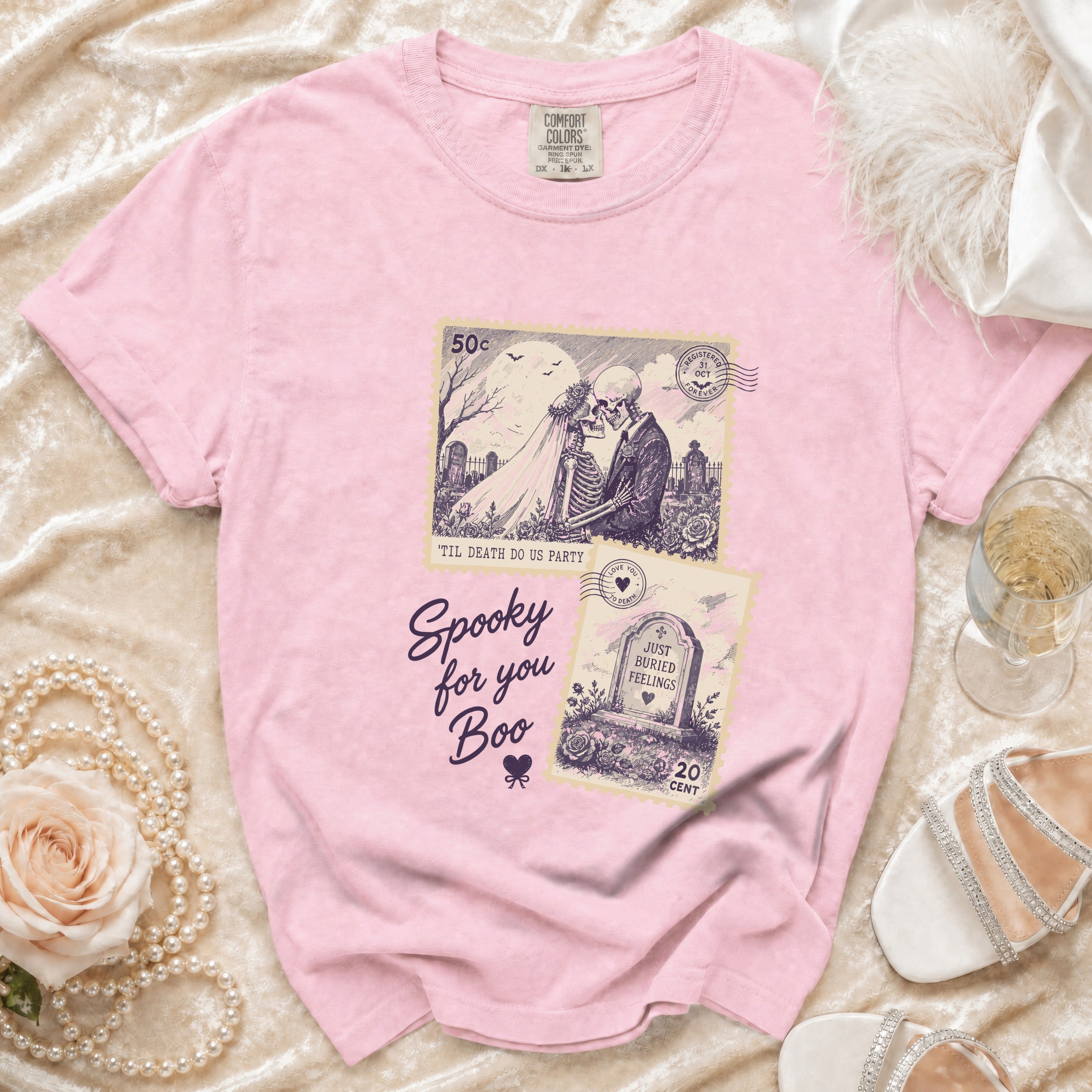 Pink t-shirt with "Spooky for you Boo" and skeleton wedding stamp.