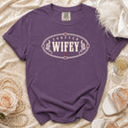 Purple t-shirt with "Forever Wifey" text in an oval design.