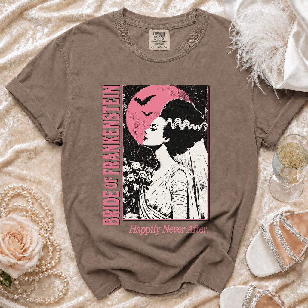 Brown t-shirt with Bride of Frankenstein graphic, text "Happily Never After".