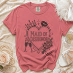 Pink t-shirt with "Maid of Dishonor" text and graphic designs.