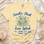 Yellow t-shirt with "Sarah's Bach Last Splash Malibu, CA Summer 2026" graphic.