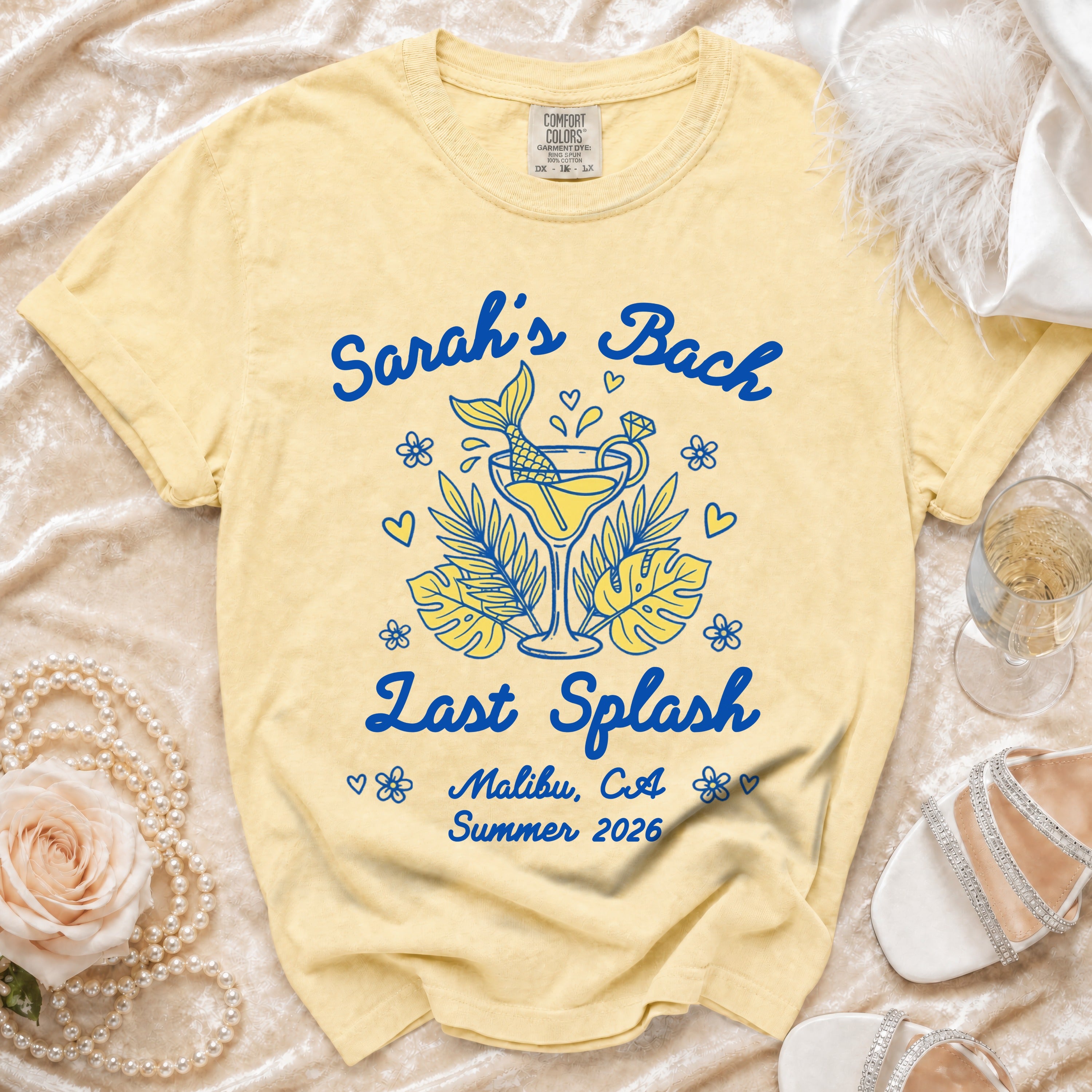 Yellow t-shirt with "Sarah's Bach Last Splash Malibu, CA Summer 2026" graphic.