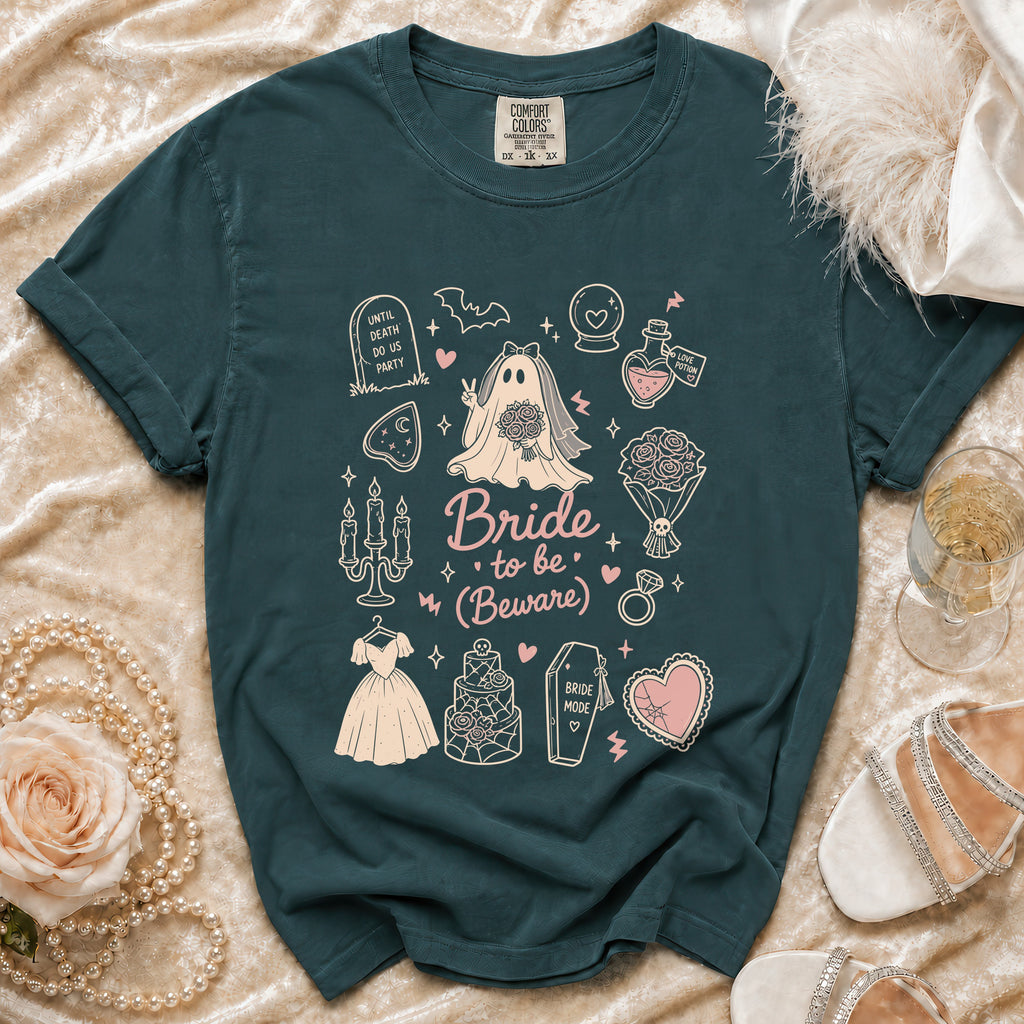Teal t-shirt with "Bride to be (Beware)" and spooky wedding graphics.