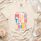 Cream t-shirt with "Proud Mother of the Bride" text and wedding ring graphic.