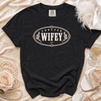 Black t-shirt with oval "FOREVER WIFEY" graphic and pink heart detail.