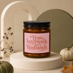 Candle with pink label reading "From boyfriends to husbands", VOWED.