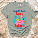 T-shirt with "Sarah's Last Bach Splash Malibu, CA Summer 2026" and flamingo graphic.