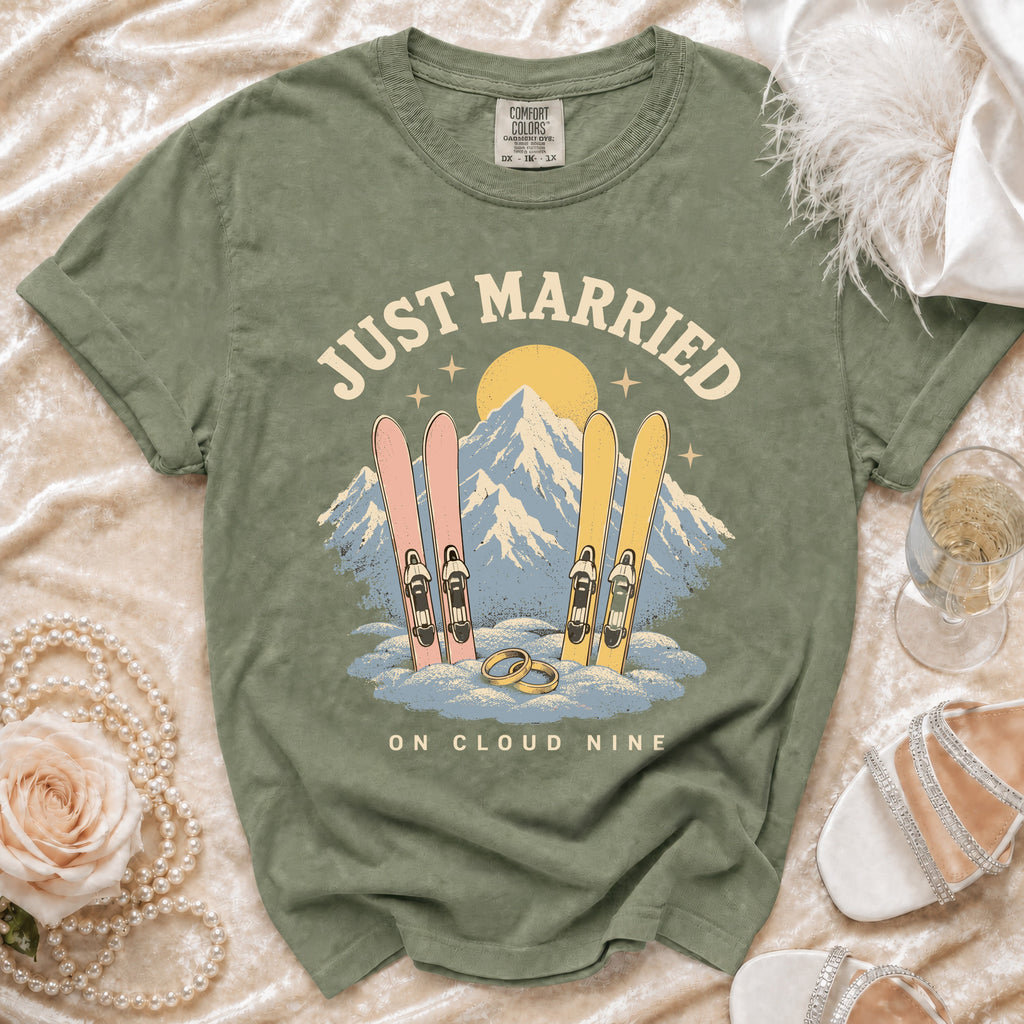 Olive green t-shirt with "Just Married On Cloud Nine" graphic and skis.