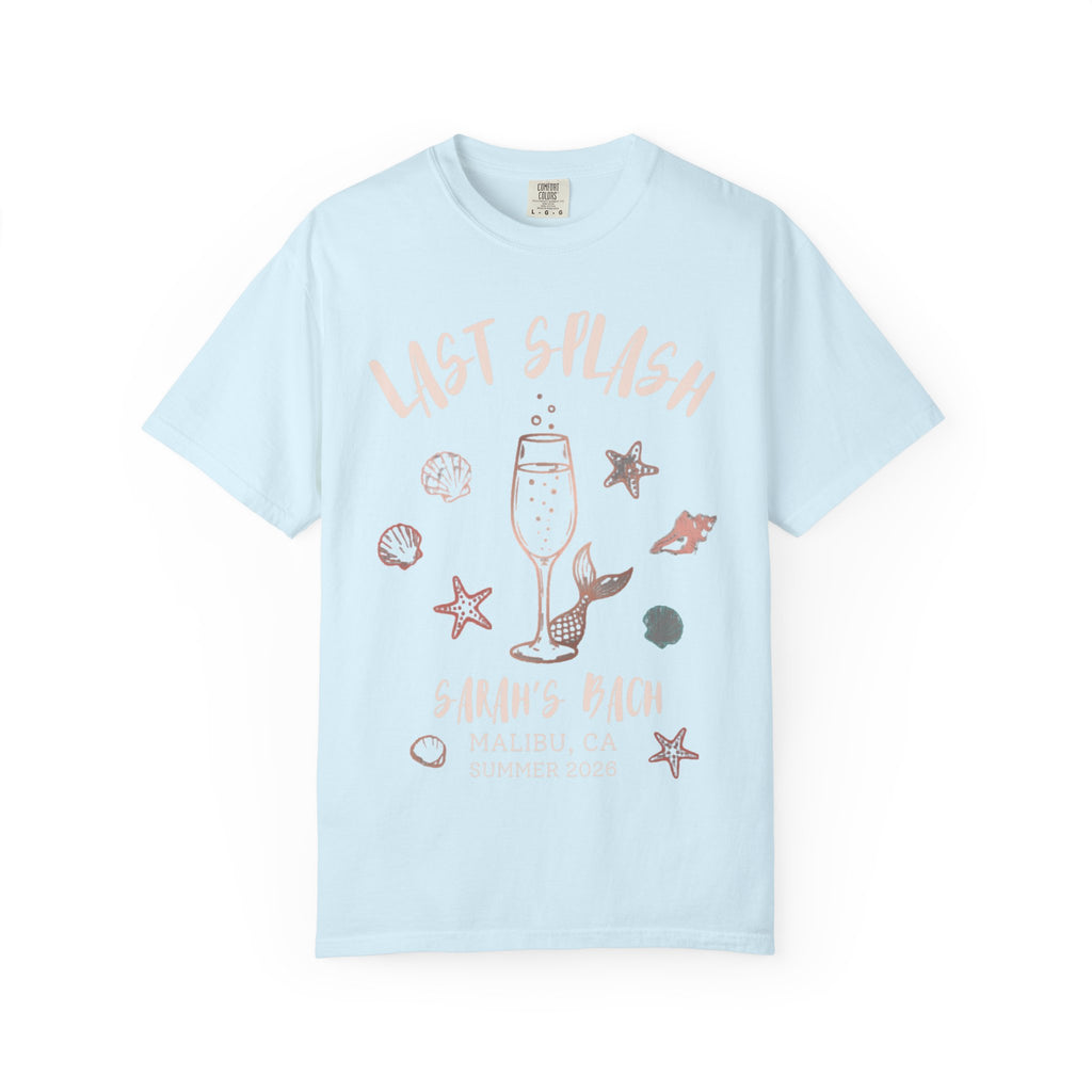 "Last Splash" Sarah's Bach t-shirt with starfish, champagne, and mermaid tail graphic.