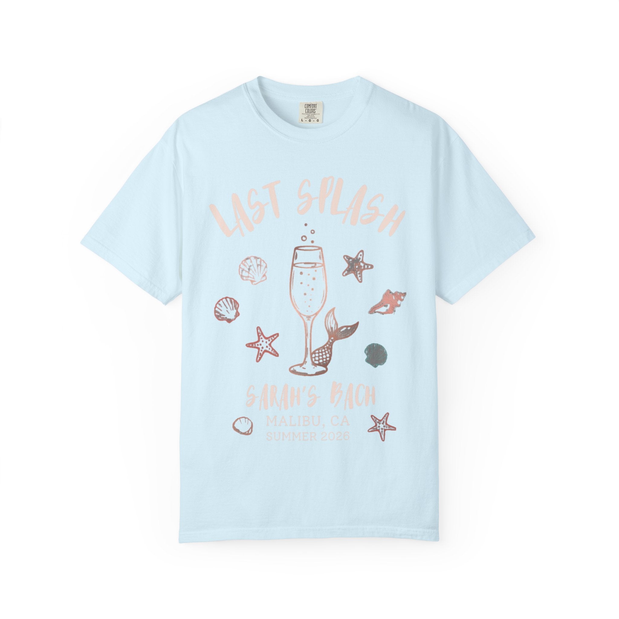 "Last Splash" Sarah's Bach t-shirt with starfish, champagne, and mermaid tail graphic.