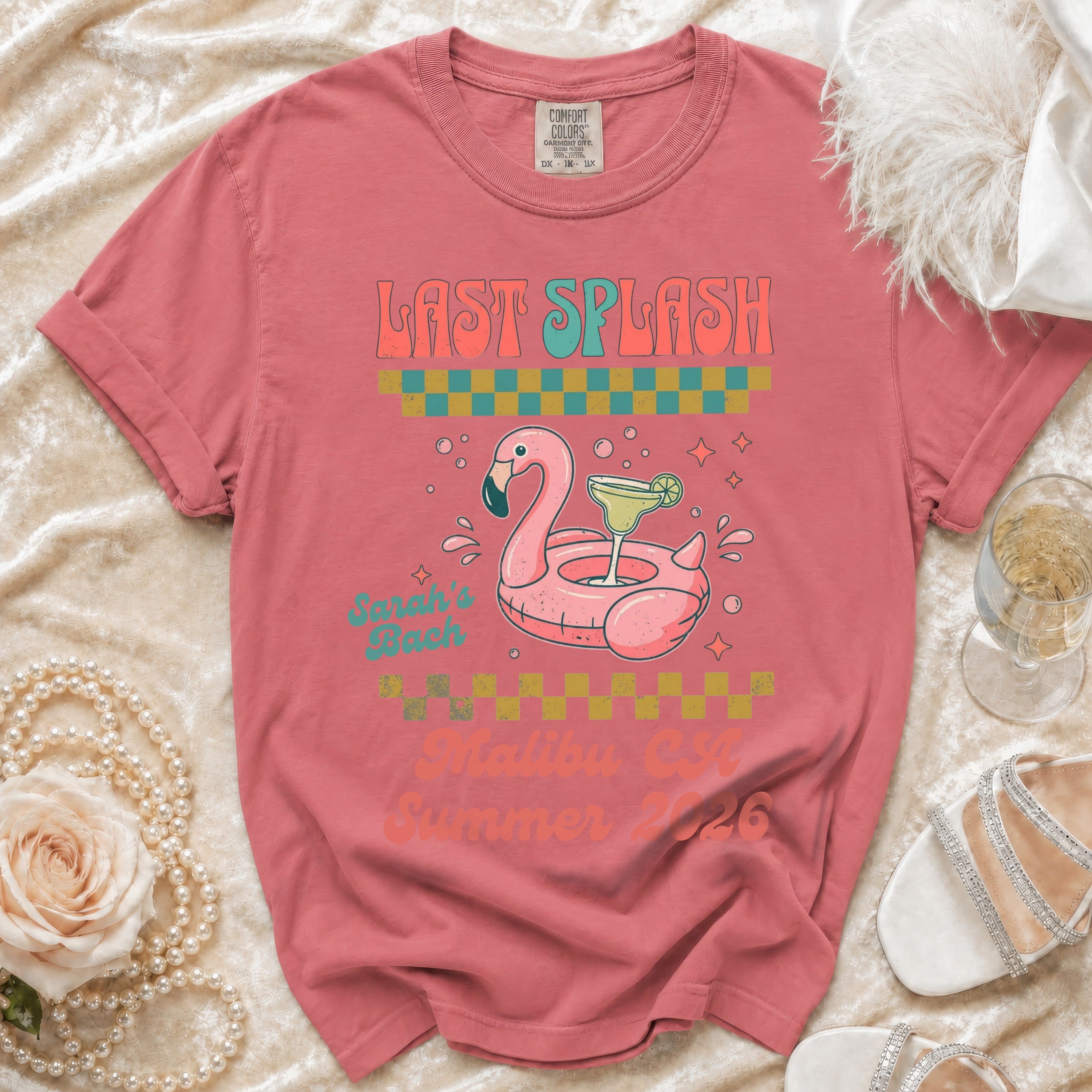 Coral t-shirt with "Last Splash" text, flamingo float, and beach theme.