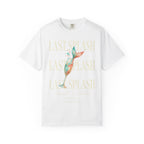 White t-shirt with "LAST SPLASH Sarah's Bach Malibu, CA Summer 2026" in gold text.