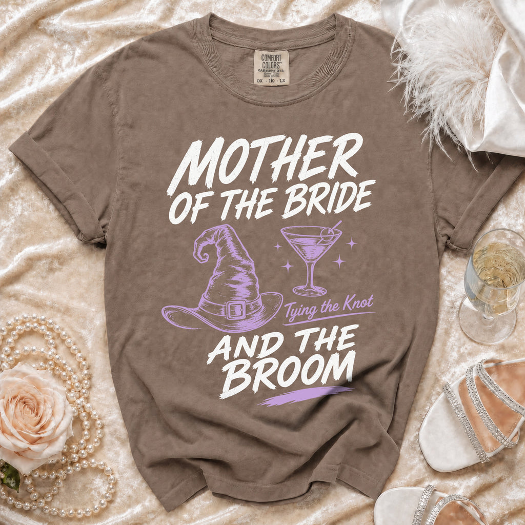 Brown t-shirt with "Mother of the Bride Tying the Knot and the Broom" text.