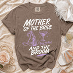 Brown t-shirt with "Mother of the Bride Tying the Knot and the Broom" text.