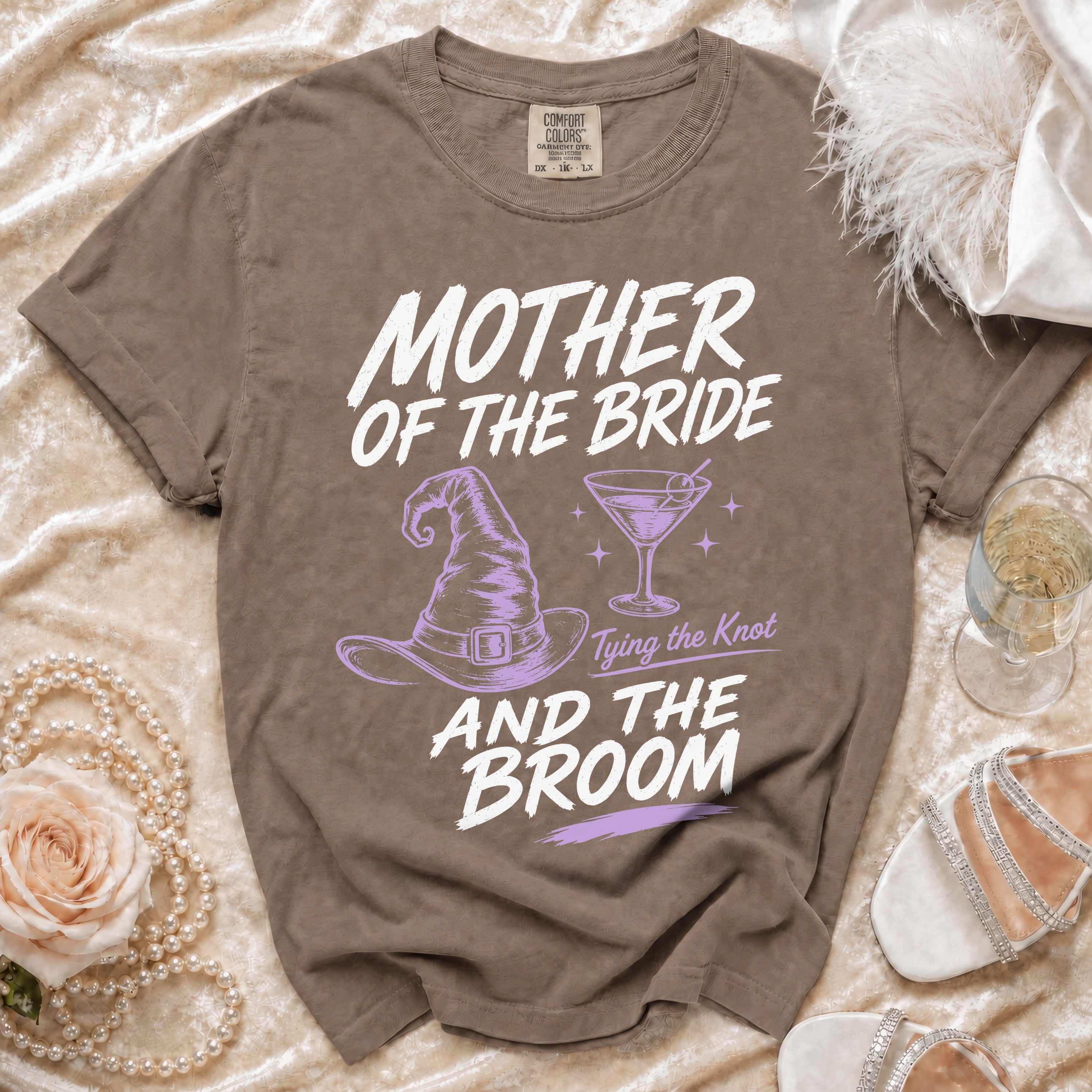 Brown t-shirt with "Mother of the Bride Tying the Knot and the Broom" text.