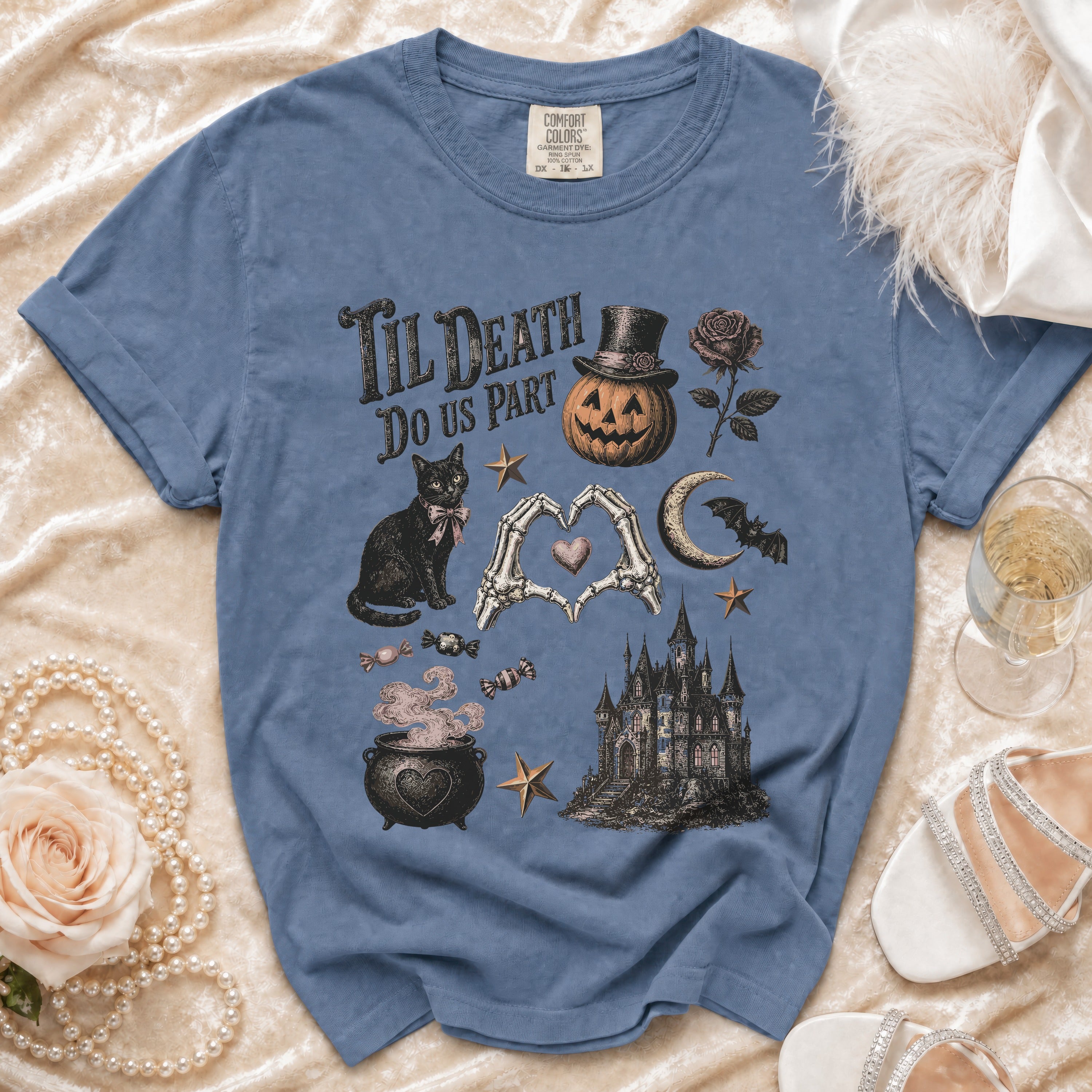 Blue t-shirt with "Til Death Do Us Part" and Halloween-themed graphics.