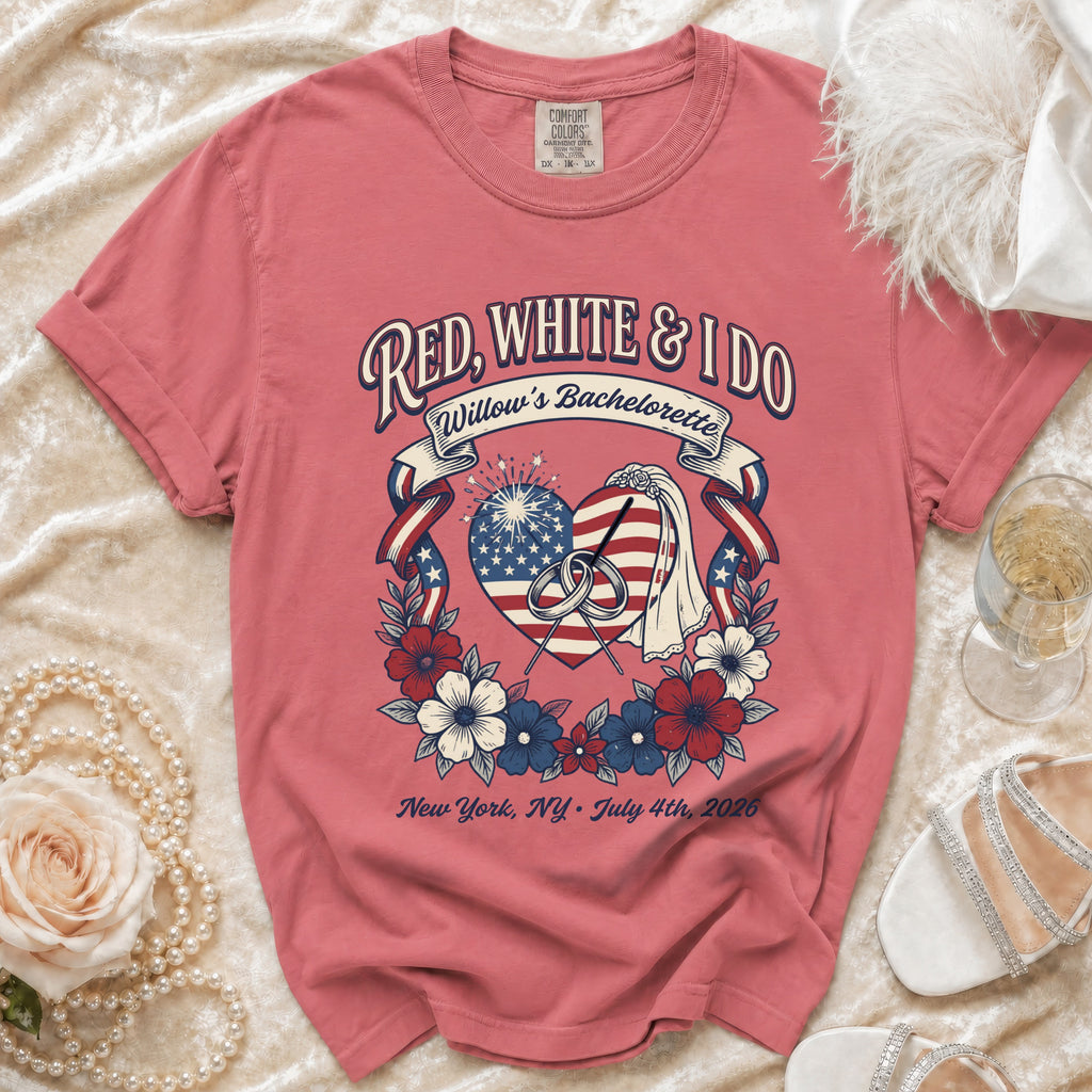 Red, White & I Do bachelorette t-shirt with heart design.