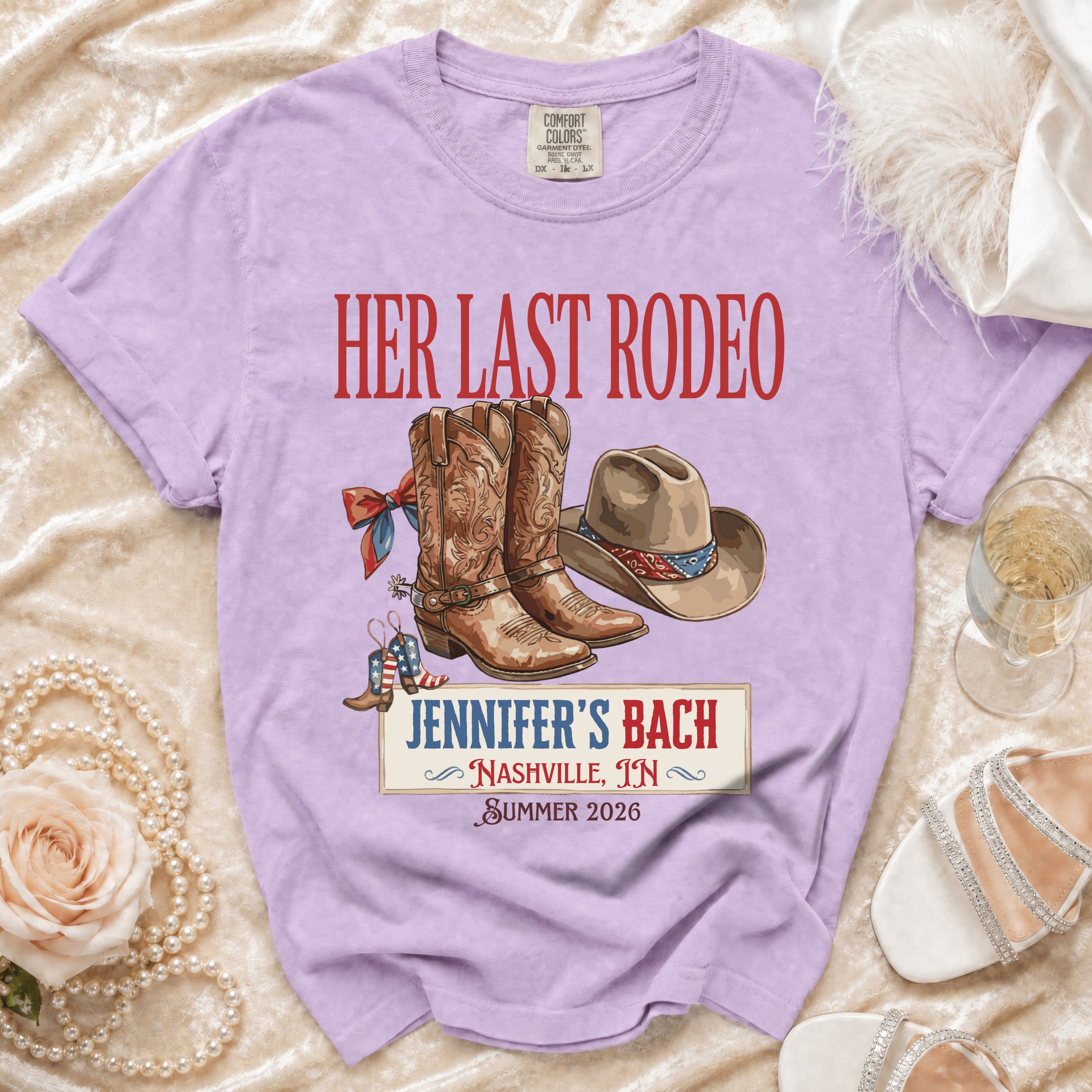 Lavender t-shirt with "Her Last Rodeo Jennifer's Bach Nashville Summer 2026" and cowboy boots.