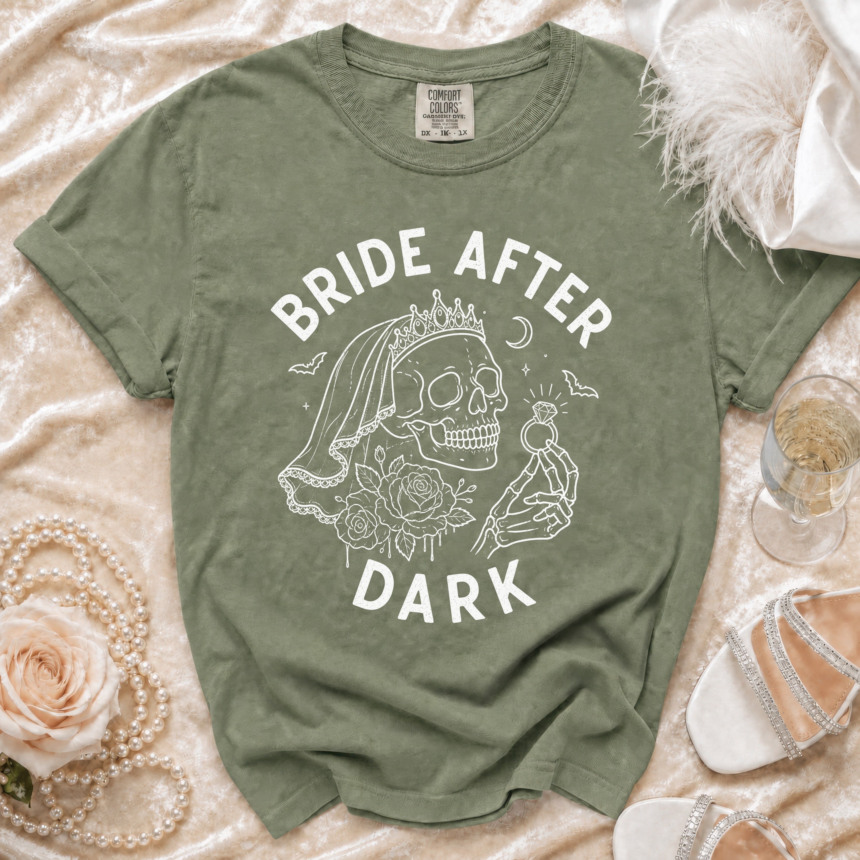 Green t-shirt with "BRIDE AFTER DARK" text and skull graphic.