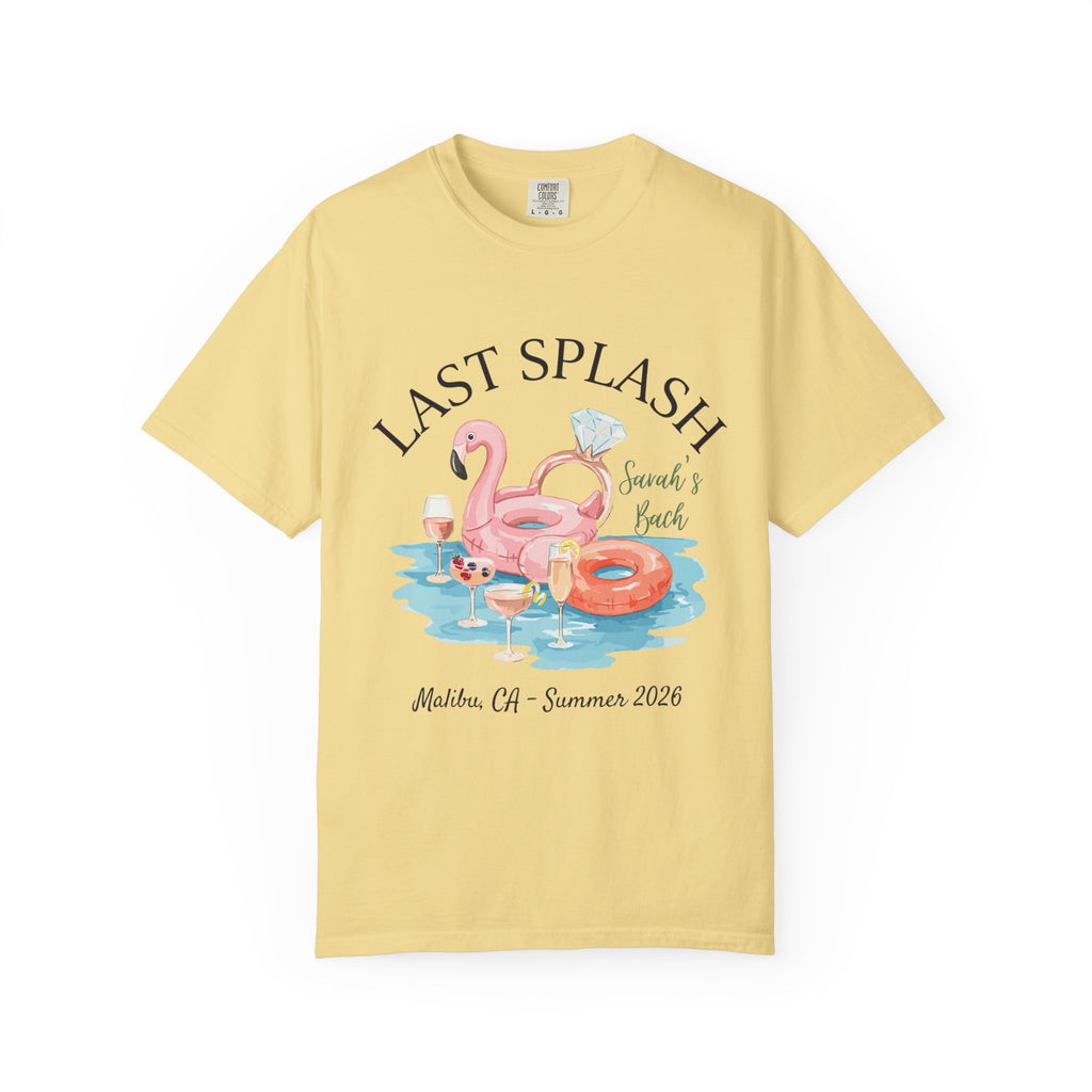 Yellow t-shirt with "Last Splash" text, flamingo float, drinks, and "Sarah's Bach Malibu, CA - Summer 2026"