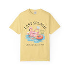 Yellow t-shirt with "Last Splash" text, flamingo float, drinks, and "Sarah's Bach Malibu, CA - Summer 2026"