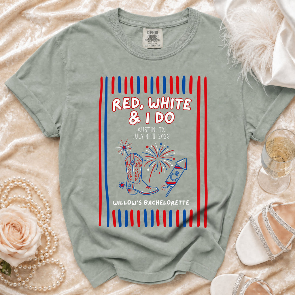 Red, white, and I do t-shirt with patriotic fireworks and cowboy boot graphic.