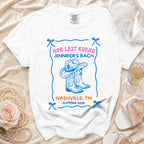 White t-shirt with "Her Last Rodeo Jennifer's Bach" and Nashville, TN, Summer 2026.