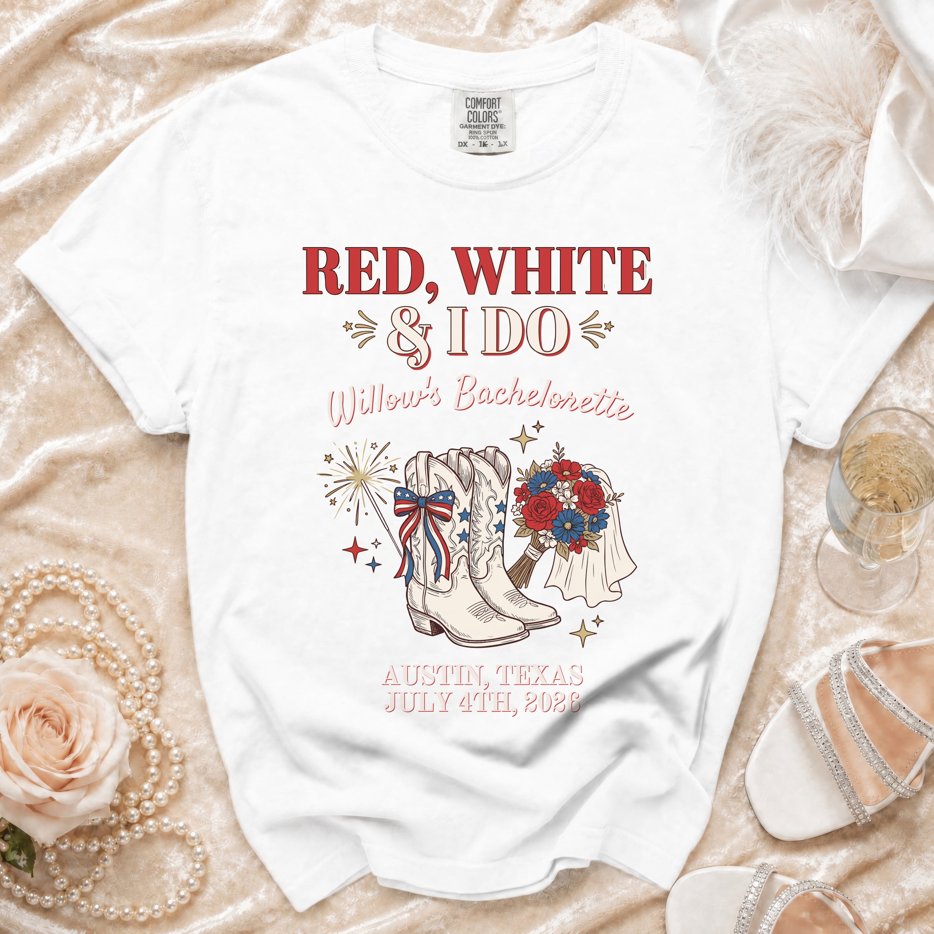 Willow's Bachelorette t-shirt with patriotic bouquet and fireworks.