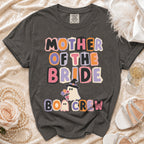 Dark grey t-shirt with "Mother of the Bride Boo Crew" text and ghost graphic.