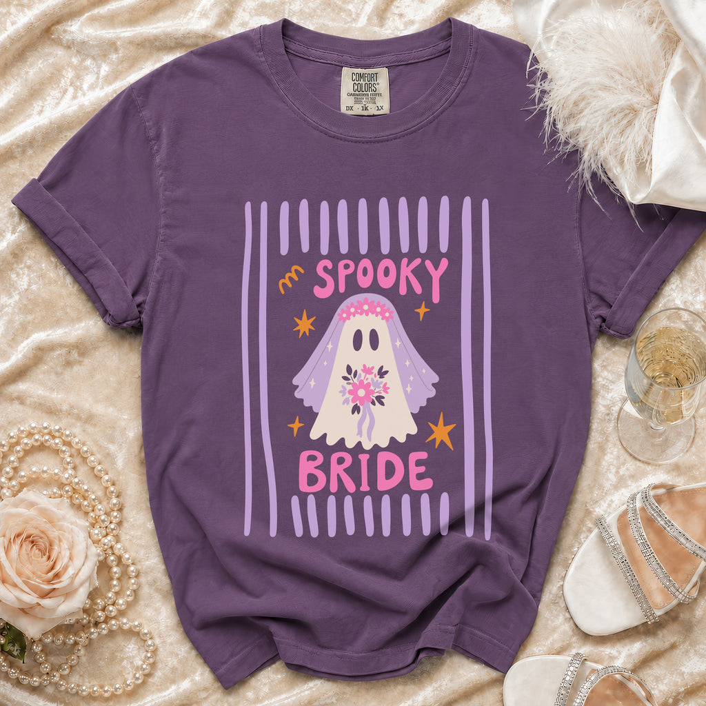 Purple t-shirt with "Spooky Bride" ghost graphic featuring a veil and bouquet.