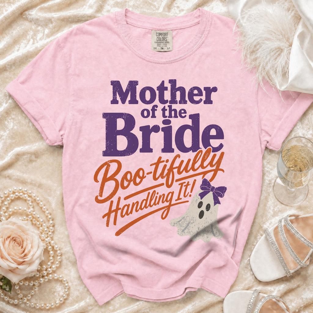 Pink t-shirt with "Mother of the Bride Boo-tifully Handling It!" text and ghost.
