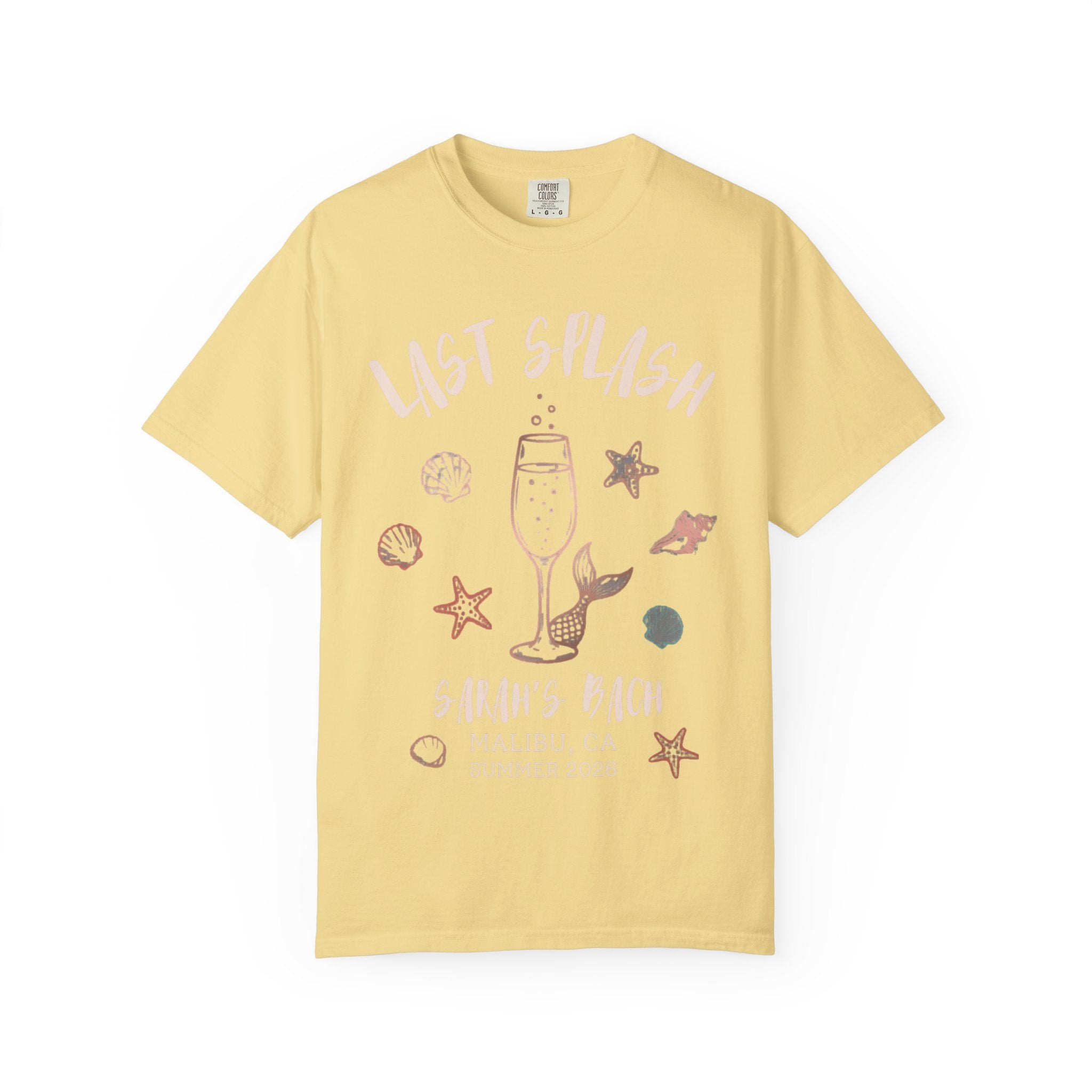 Yellow t-shirt with "Last Splash Sarah's Bach Malibu, CA Summer 2024" and graphics.