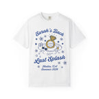 White t-shirt with "Sarah's Bach Last Splash Malibu, CA Summer 2026" design.