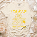 Yellow text on cream t-shirt: "LAST SPLASH", "SARAH'S BACH", "MALIBU, CA", "SUMMER 2026".