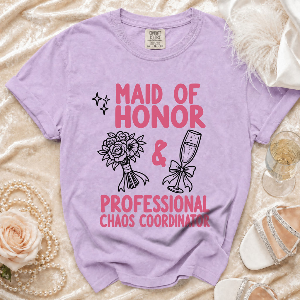 Lavender t-shirt with "Maid of Honor & Professional Chaos Coordinator" text and graphics.