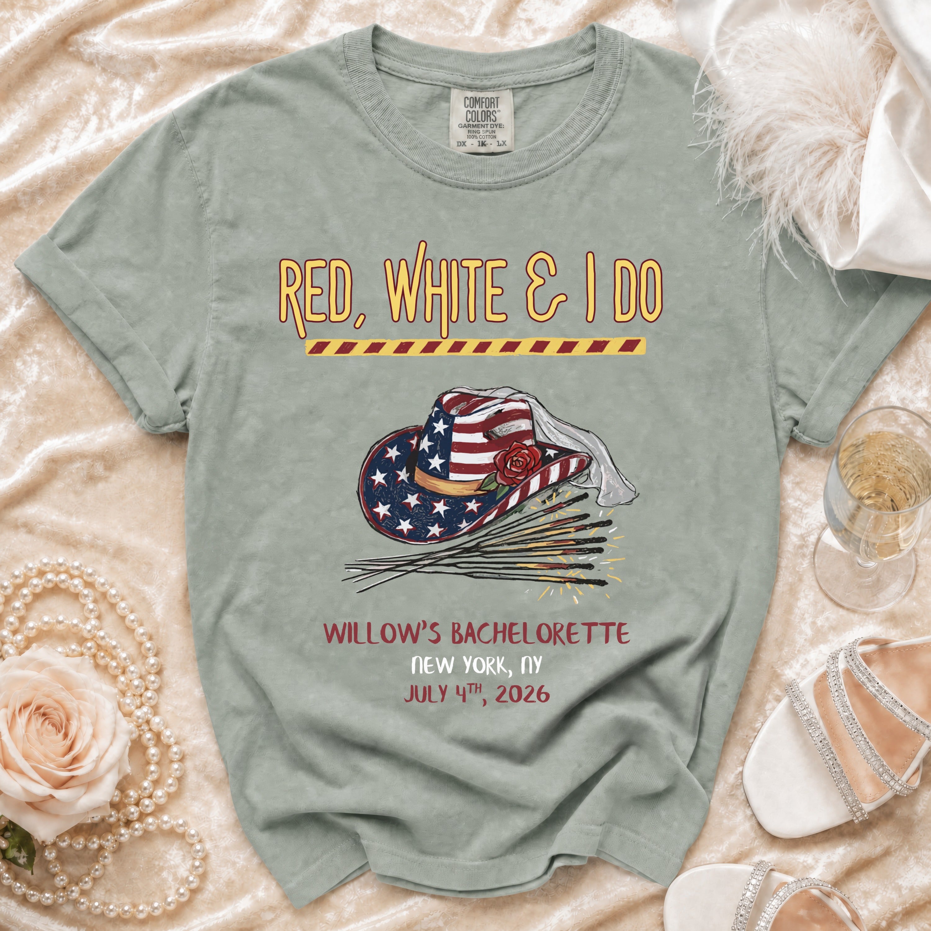 Red, white, and I do bachelorette t-shirt with cowboy hat and fireworks.