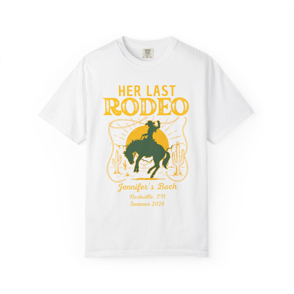 White t-shirt with "Her Last Rodeo" and bucking bronco graphic.