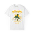 White t-shirt with "Her Last Rodeo" and bucking bronco graphic.
